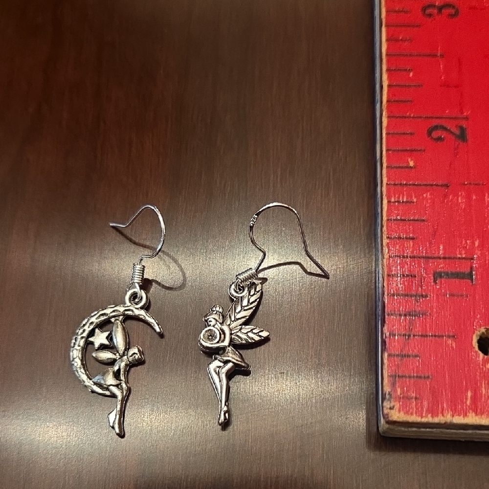 Silver Fairy and Moon Earrings
